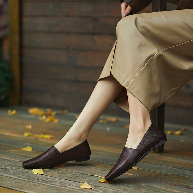 Khaki Brown Black Square Toe Loafers #001135