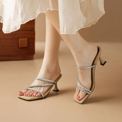 Off-White Beige Black Square Toe Crystal Strap Sandals #001158