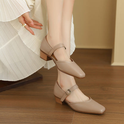 Beige Brown Black Square Toe Block Heel Pumps #001156