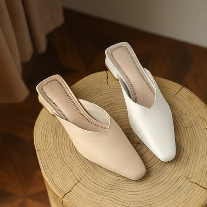 Off-White Beige Plain Low Block Heel Mules #001013