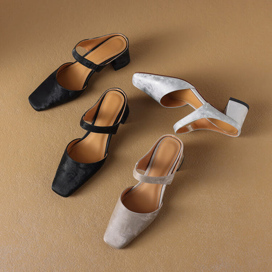 Beige Grey Black Square Toe Strap Mules #001148