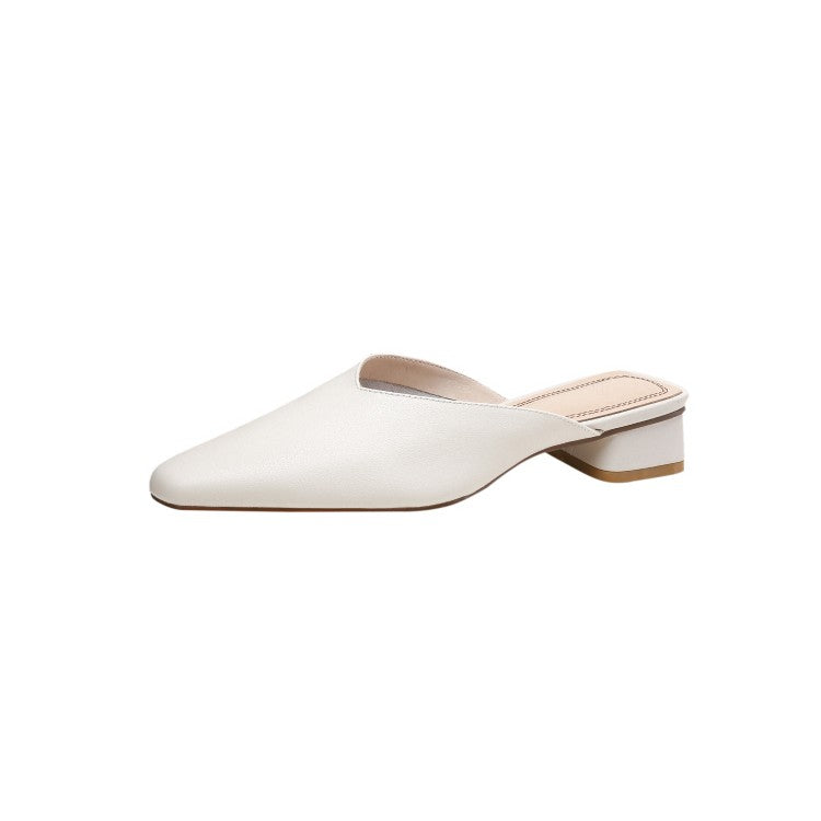 Off-White Beige Plain Low Block Heel Mules #001013