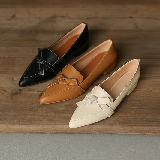 Off-White Brown Black Pointed Toe Knotted Leather Loafers #001052