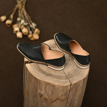 Beige Black Rounded Toe Leather Flats #001056