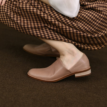 Beige Black Rounded Toe Leather Flats #001056