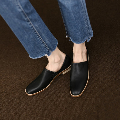 Beige Black Rounded Toe Leather Flats #001056