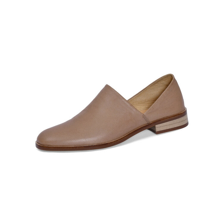 Beige Black Rounded Toe Leather Flats #001056