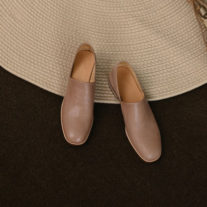 Beige Black Rounded Toe Leather Flats #001056