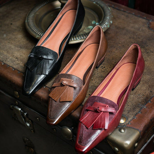 Red Brown Black Fringe Leather Loafers #001022