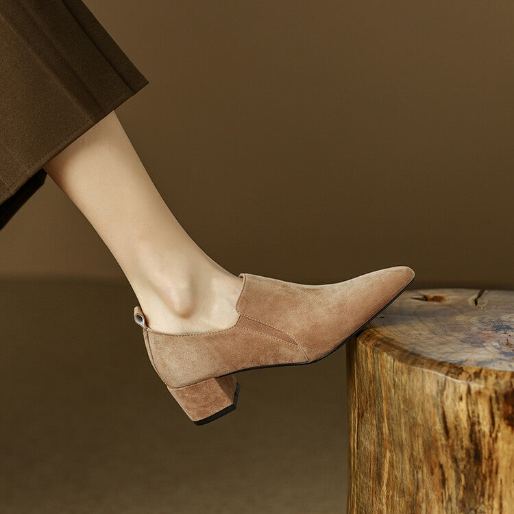 Beige Brown Black Block Heel Suede Short Ankle Boots #002013