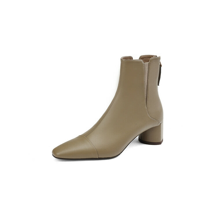 Brown Grey Black Block Heel Back Zipper Ankle Boots #002006