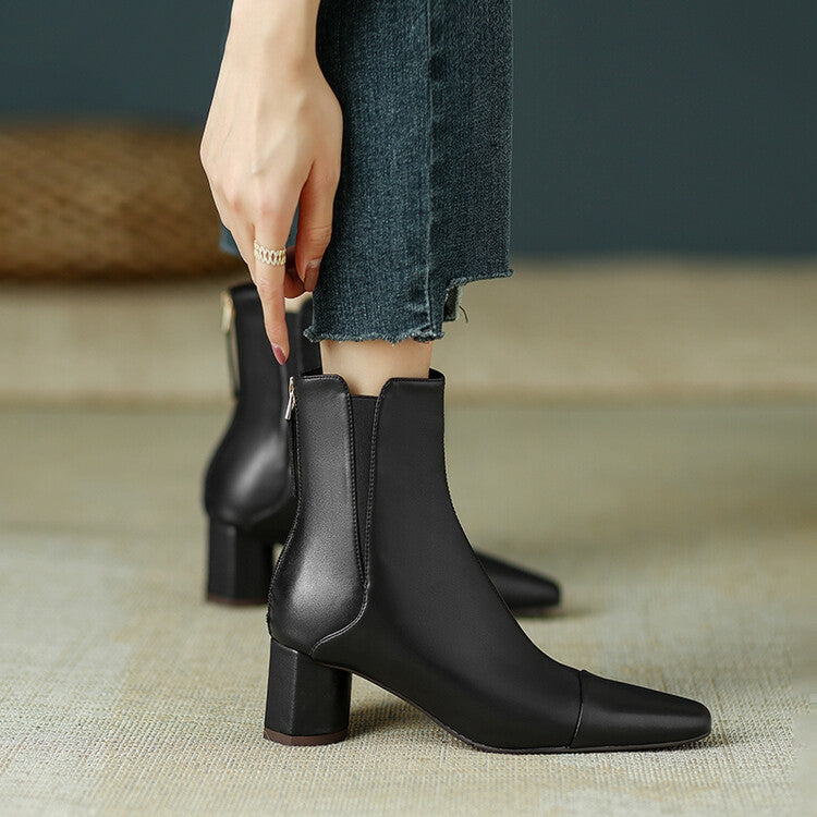 Brown Grey Black Block Heel Back Zipper Ankle Boots #002006