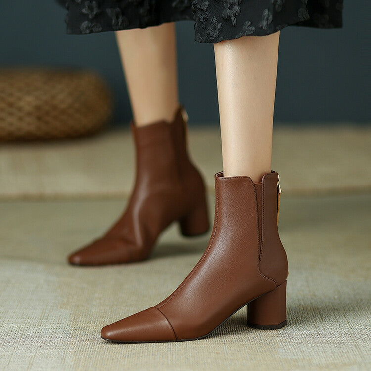 Brown Grey Black Block Heel Back Zipper Ankle Boots #002006