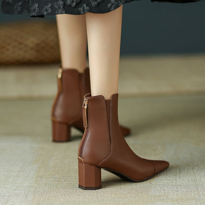 Brown Grey Black Block Heel Back Zipper Ankle Boots #002006