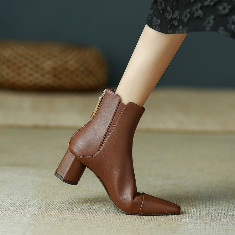 Brown Grey Black Block Heel Back Zipper Ankle Boots #002006