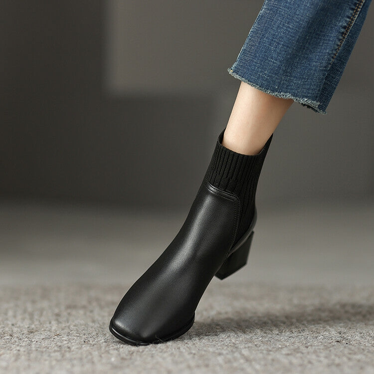 Brown Black Block Heel Sock Boots #002012