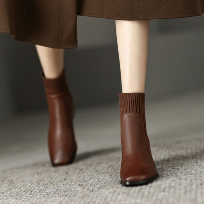 Brown Black Block Heel Sock Boots #002012