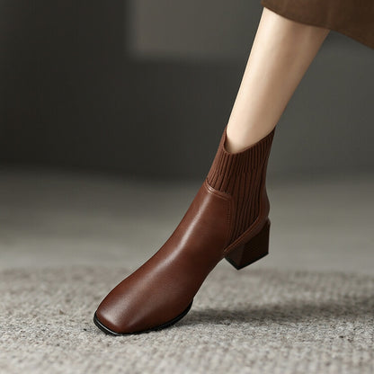 Brown Black Block Heel Sock Boots #002012