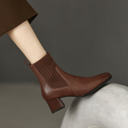 Brown Black Block Heel Sock Boots #002012