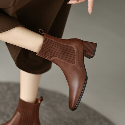 Brown Black Block Heel Sock Boots #002012