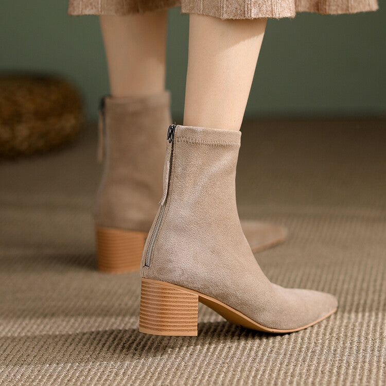 Beige Black Stacked Block Heel Back Zipper Boots #002004