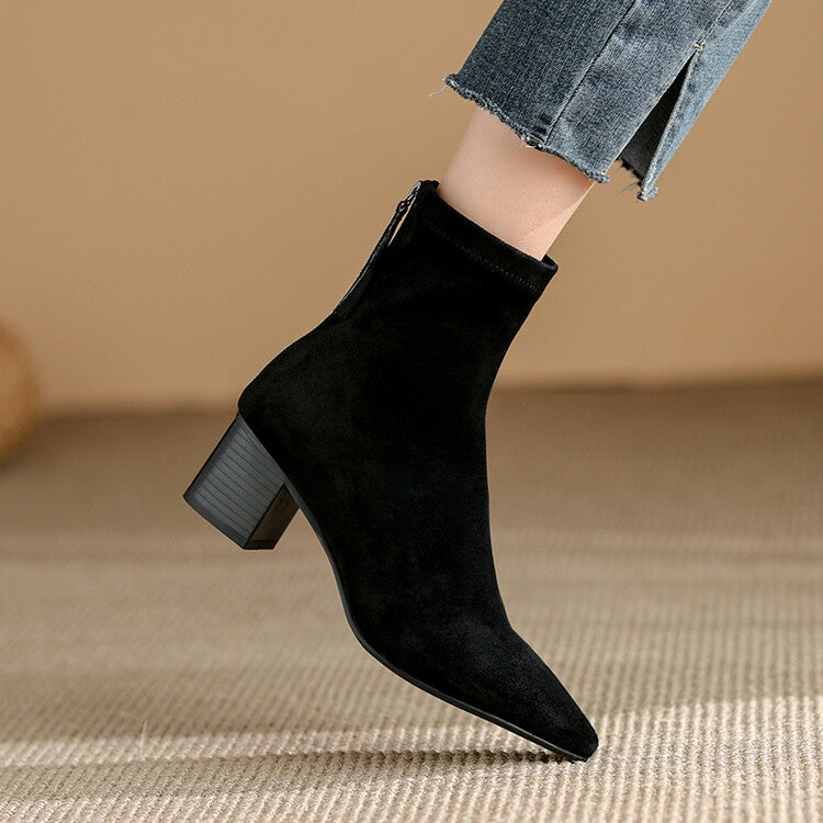 Beige Black Stacked Block Heel Back Zipper Boots #002004