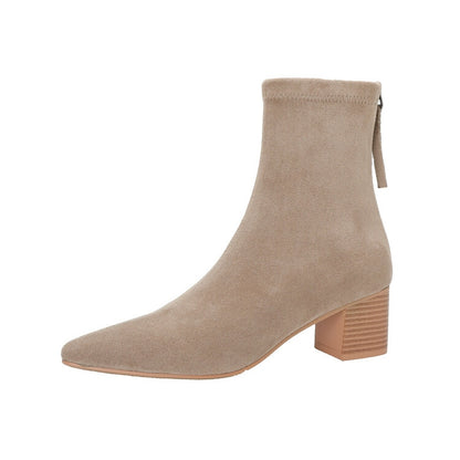 Beige Black Stacked Block Heel Back Zipper Boots #002004