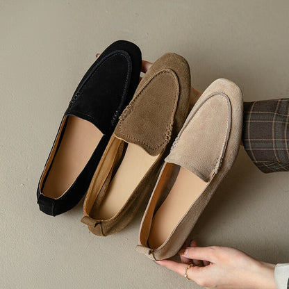 Beige Brown Black Rounded Toe Suede Loafers #001057