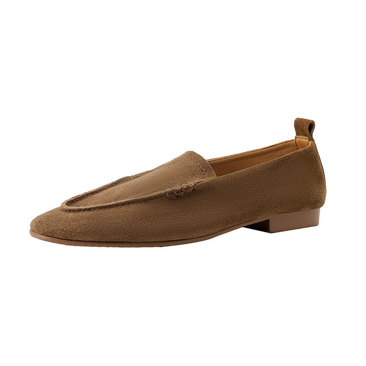 Beige Brown Black Rounded Toe Suede Loafers #001057