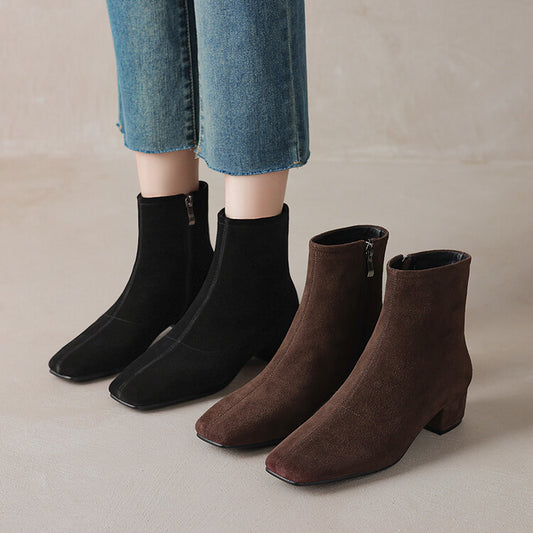 Brown Black Square Toe Side Zipper Ankle Boots #002018