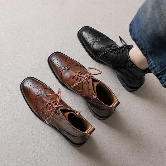 Brown Black Brogue Detail Lace-up Ankle Boots #002017