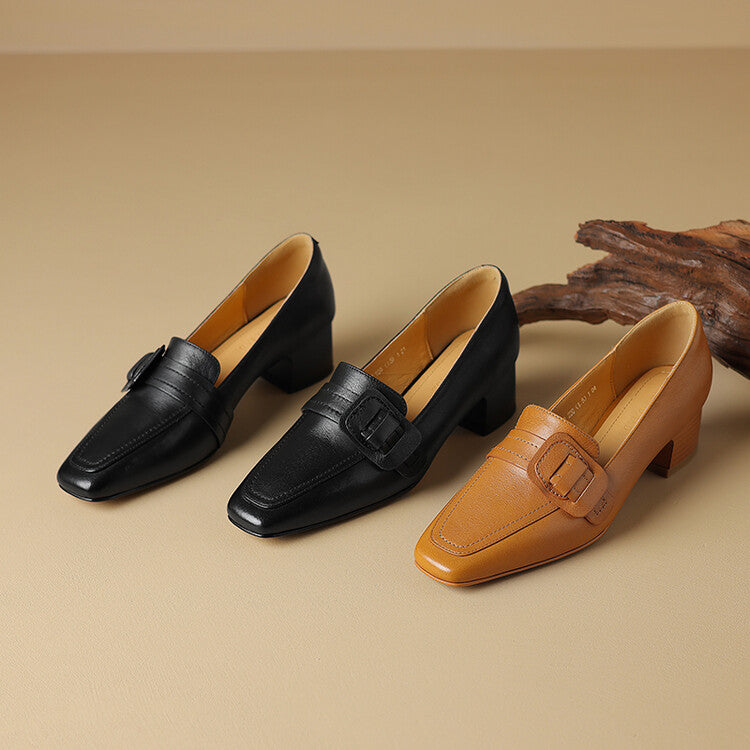 Caramel Black Square Toe Block Heel Buckled Loafers #001173