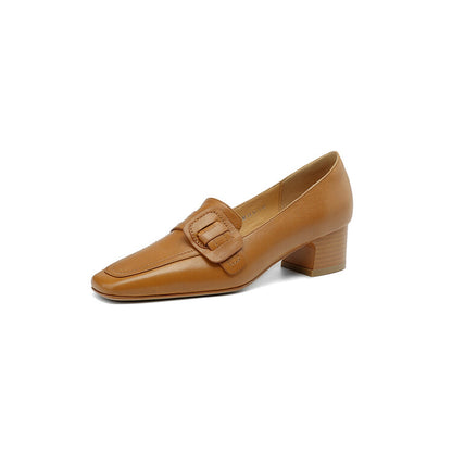 Caramel Black Square Toe Block Heel Buckled Loafers #001173