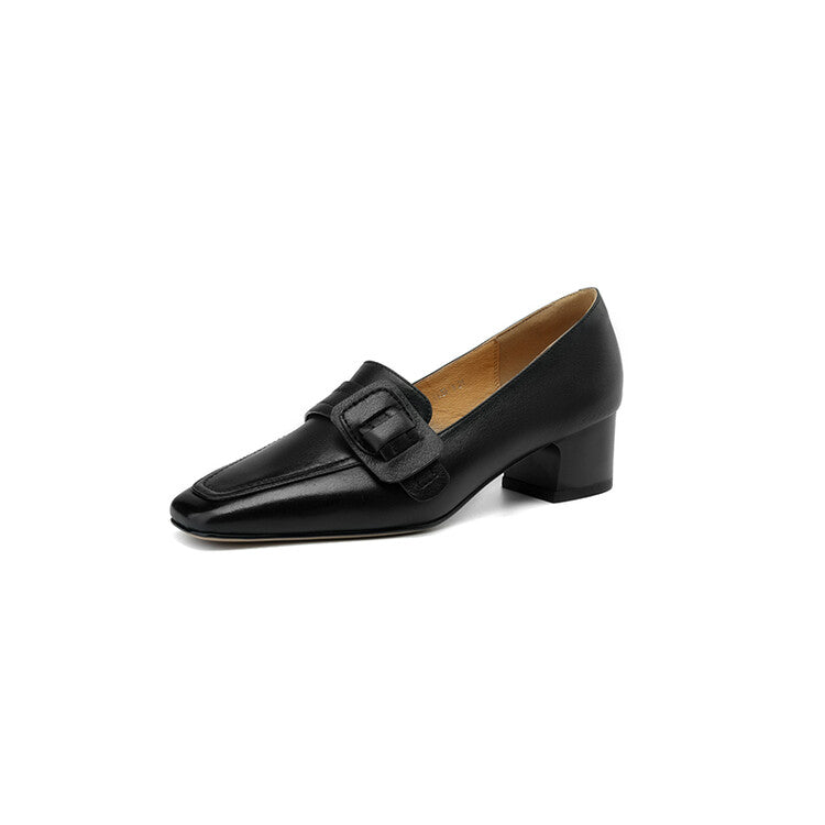 Caramel Black Square Toe Block Heel Buckled Loafers #001173