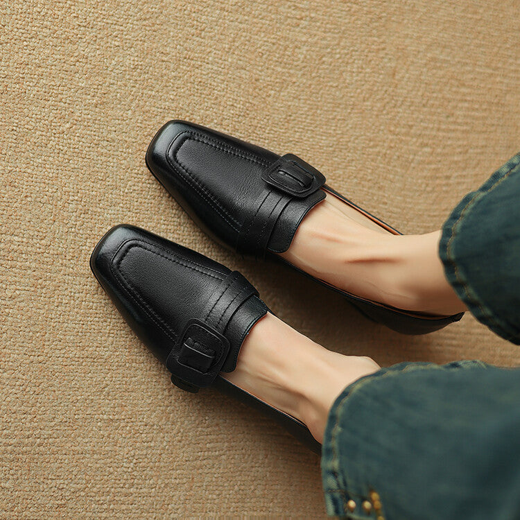 Caramel Black Square Toe Block Heel Buckled Loafers #001173