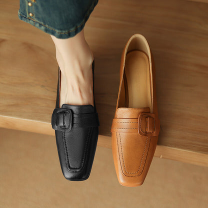 Caramel Black Square Toe Block Heel Buckled Loafers #001173