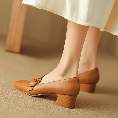 Caramel Black Square Toe Block Heel Buckled Loafers #001173