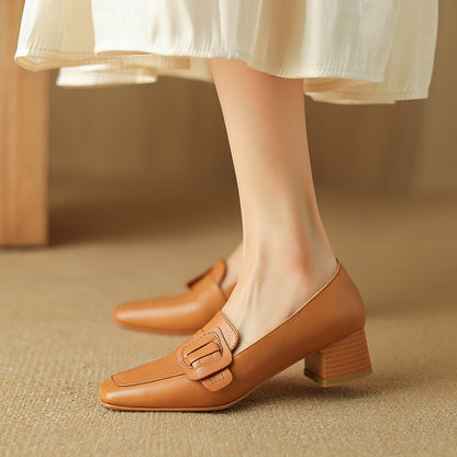 Caramel Black Square Toe Block Heel Buckled Loafers #001173