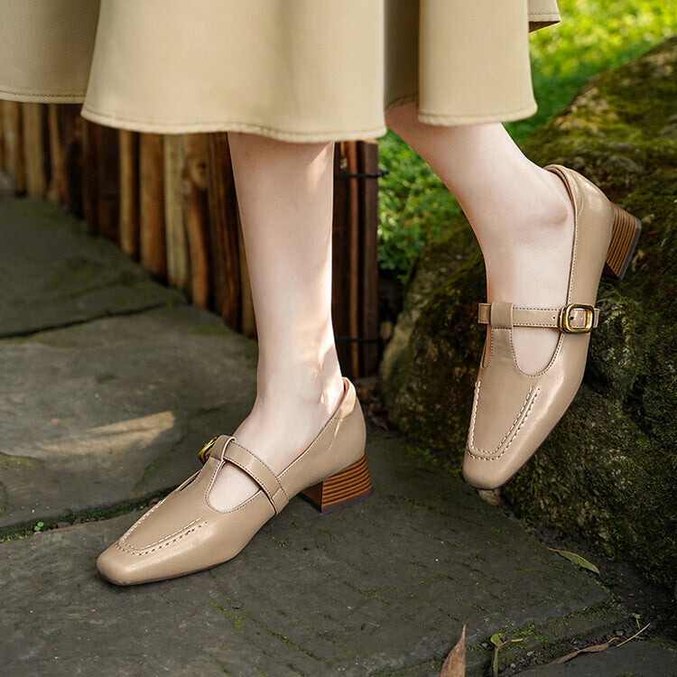 Beige Brown T-Strap Stacked Block Heel Pumps #001171