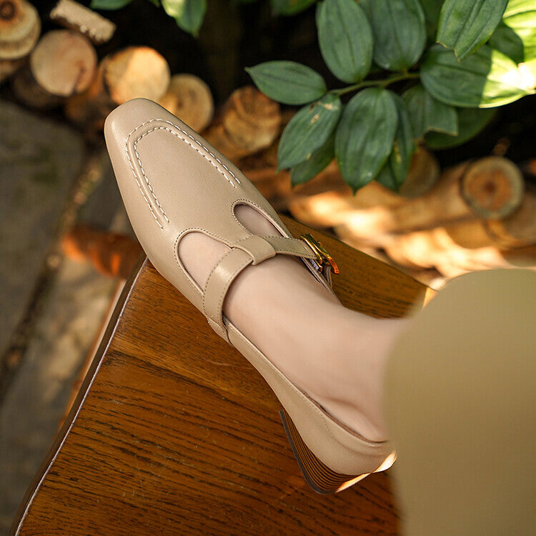 Beige Brown T-Strap Stacked Block Heel Pumps #001171