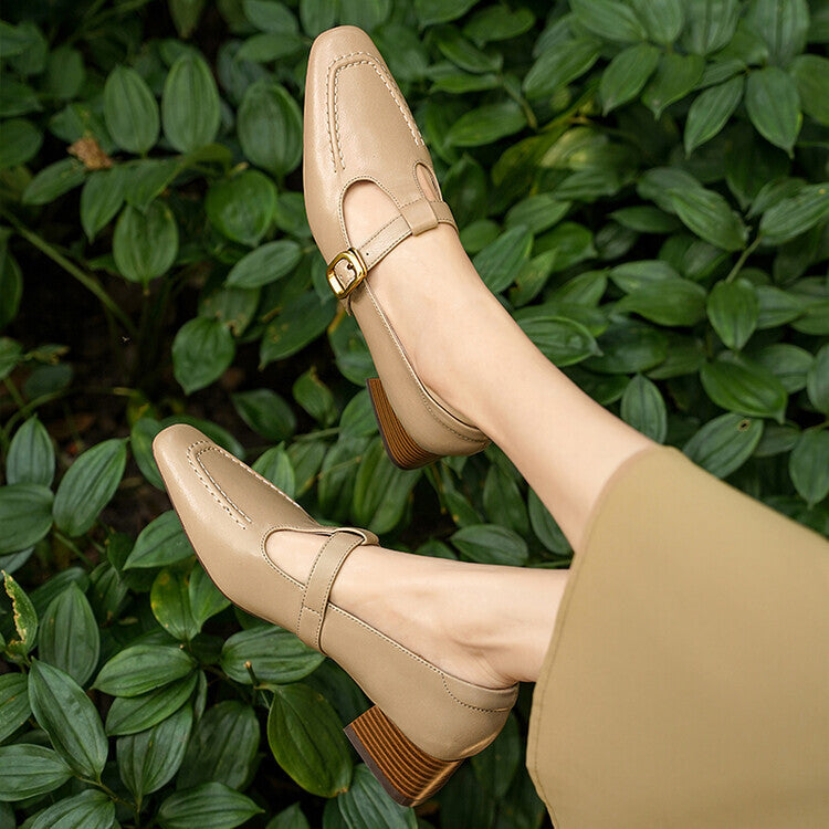 Beige Brown T-Strap Stacked Block Heel Pumps #001171