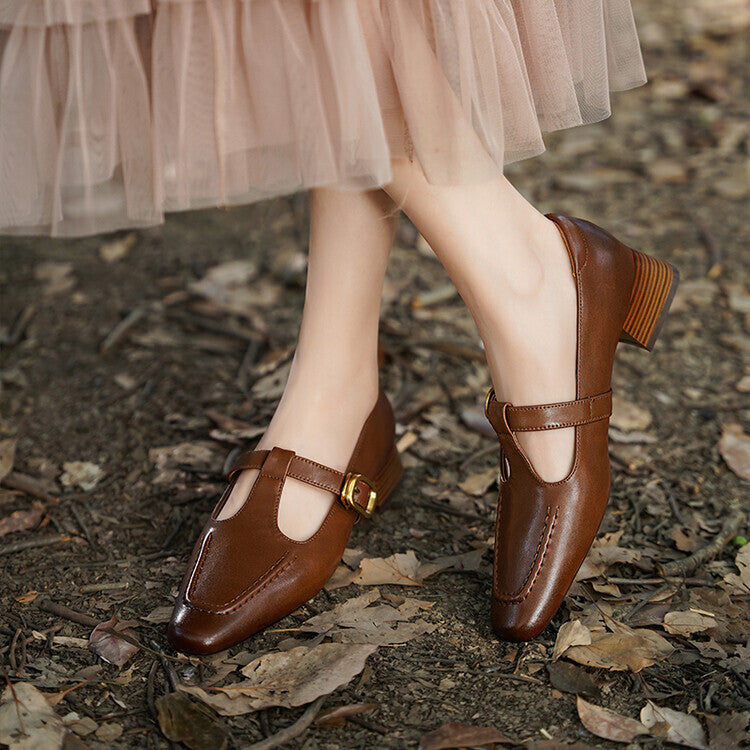 Beige Brown T-Strap Stacked Block Heel Pumps #001171