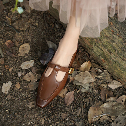 Beige Brown T-Strap Stacked Block Heel Pumps #001171