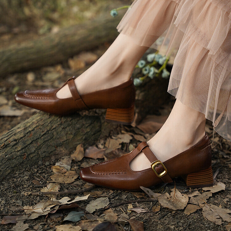 Beige Brown T-Strap Stacked Block Heel Pumps #001171