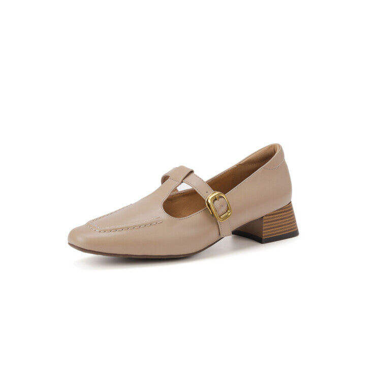 Beige Brown T-Strap Stacked Block Heel Pumps #001171